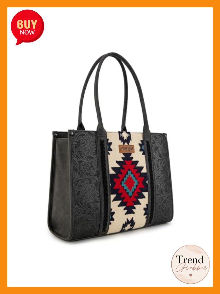 Western Aztec Tote Bag With Leather And Tapestry Pattern